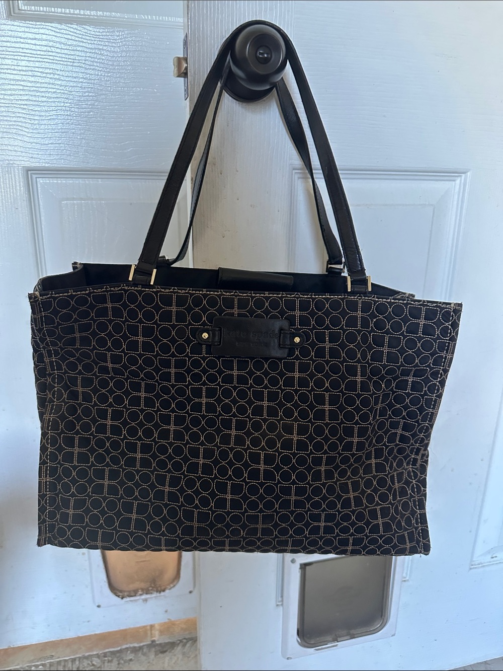 kate spade Black Tote with Contrast Stitch Geometric Pattern